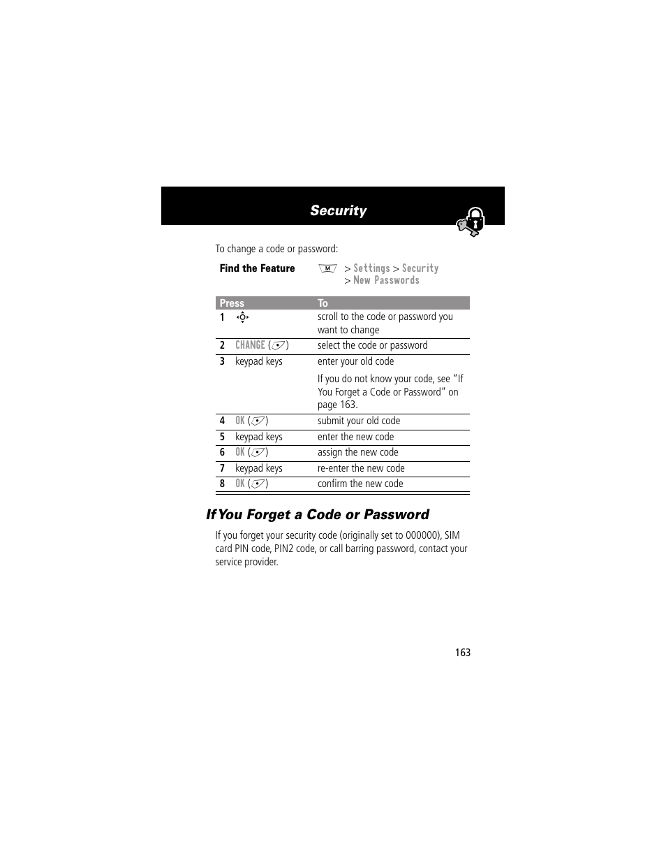 If you forget a code or password, Security | Motorola 280 User Manual | Page 165 / 222