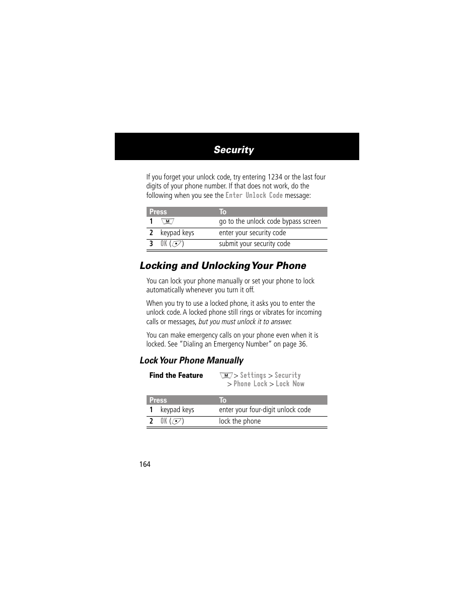 Locking and unlocking your phone, Security | Motorola 280 User Manual | Page 166 / 222