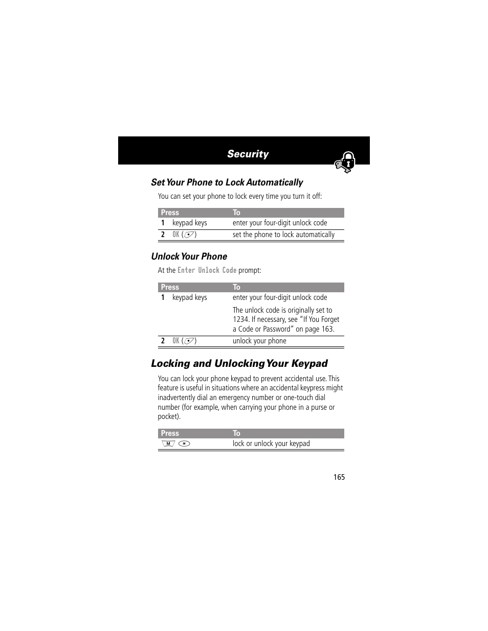 Locking and unlocking your keypad, Security | Motorola 280 User Manual | Page 167 / 222