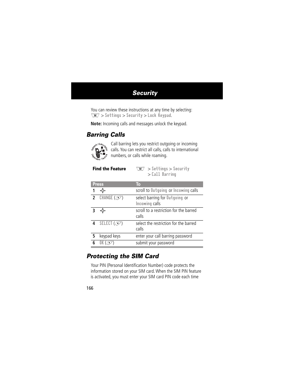 Barring calls, Protecting the sim card, Barring calls protecting the sim card | Security | Motorola 280 User Manual | Page 168 / 222