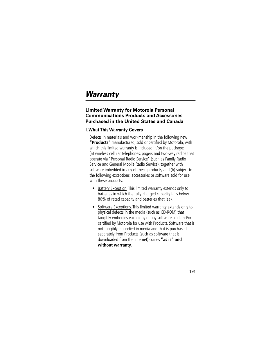 Warranty | Motorola 280 User Manual | Page 193 / 222