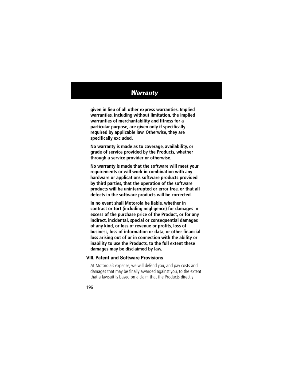 Warranty | Motorola 280 User Manual | Page 198 / 222