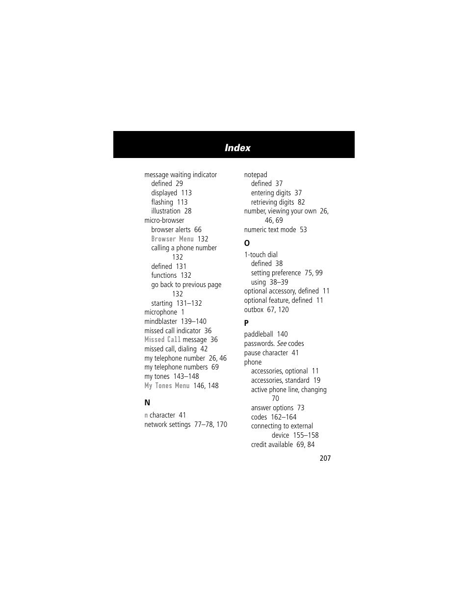 Index | Motorola 280 User Manual | Page 209 / 222