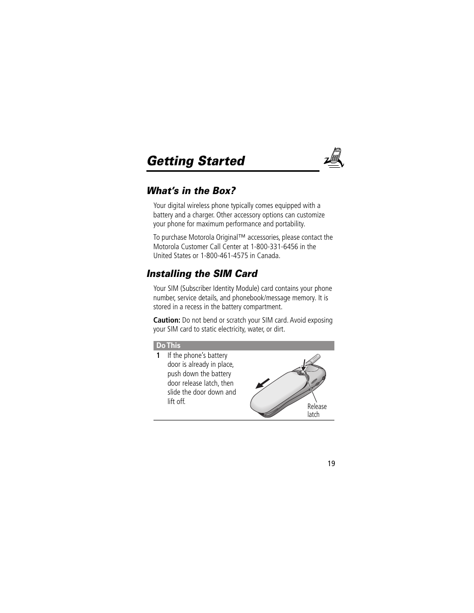 Getting started, What’s in the box, Installing the sim card | What’s in the box? installing the sim card | Motorola 280 User Manual | Page 21 / 222