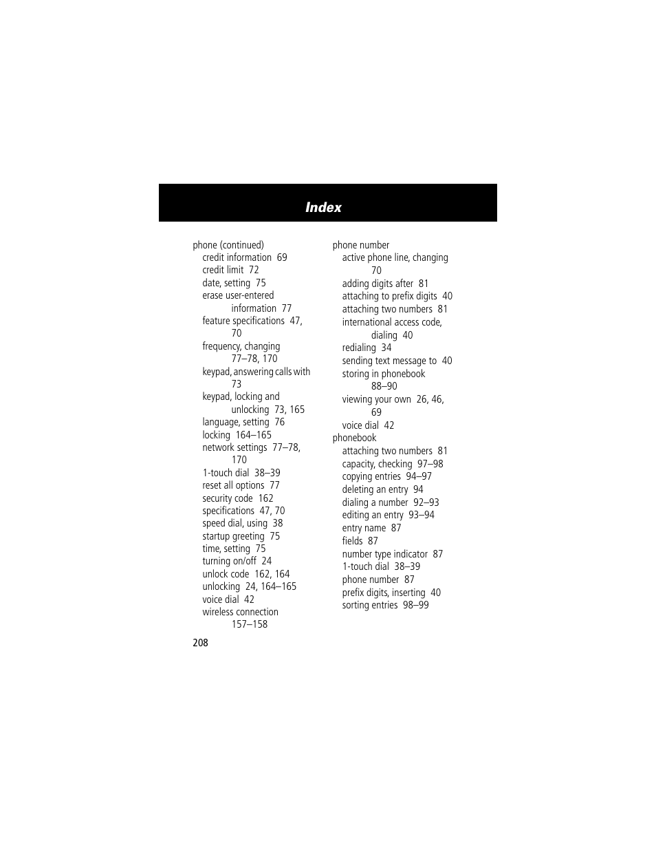 Index | Motorola 280 User Manual | Page 210 / 222