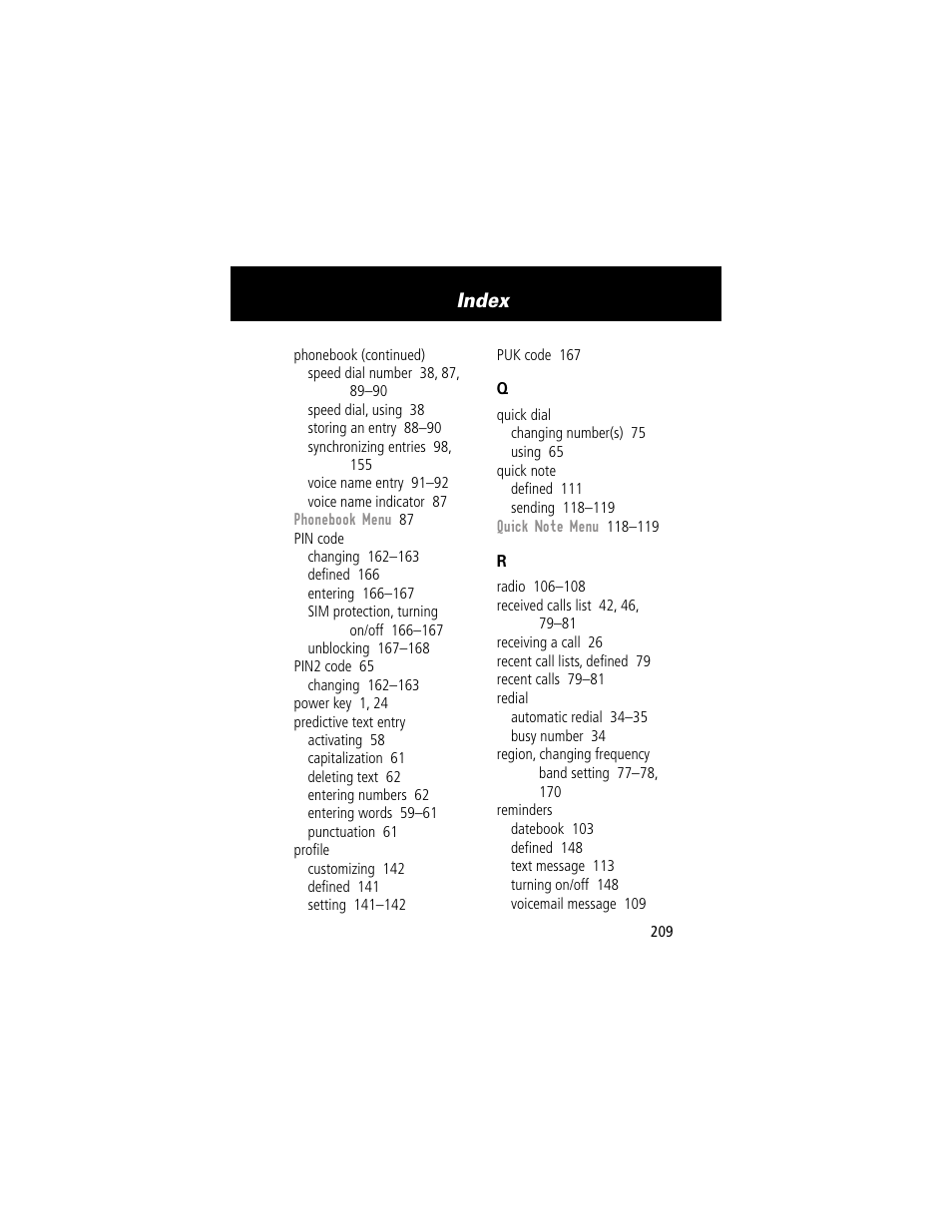 Index | Motorola 280 User Manual | Page 211 / 222