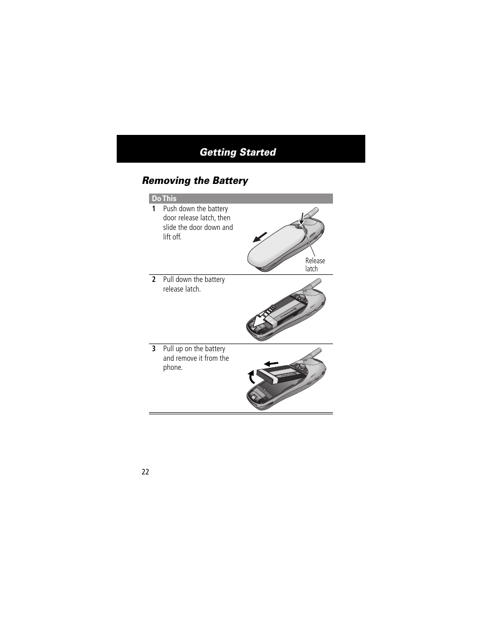 Removing the battery, Getting started | Motorola 280 User Manual | Page 24 / 222