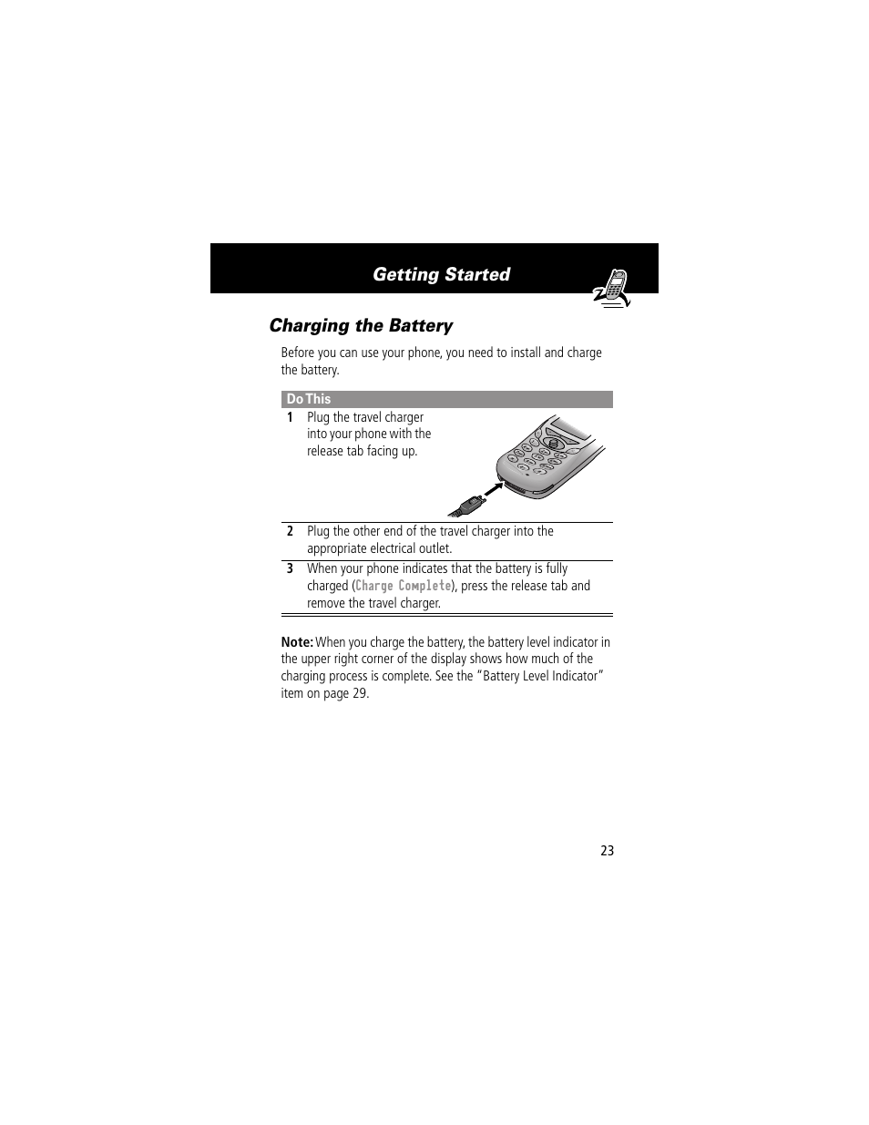 Charging the battery, Getting started charging the battery | Motorola 280 User Manual | Page 25 / 222