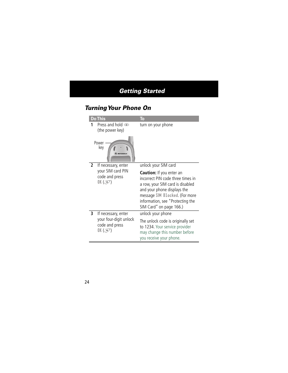 Turning your phone on, Getting started | Motorola 280 User Manual | Page 26 / 222