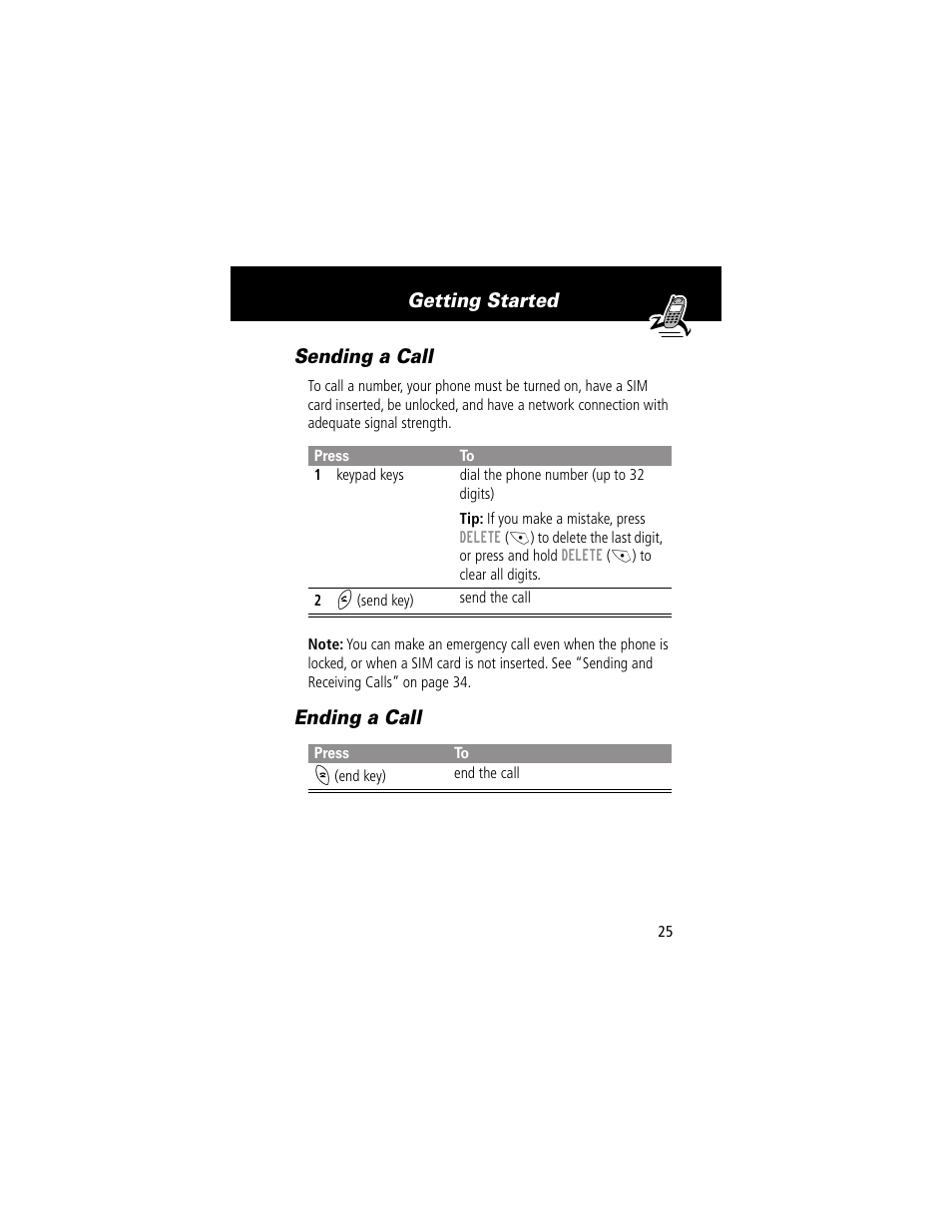 Sending a call, Ending a call, Sending a call ending a call | Getting started sending a call | Motorola 280 User Manual | Page 27 / 222