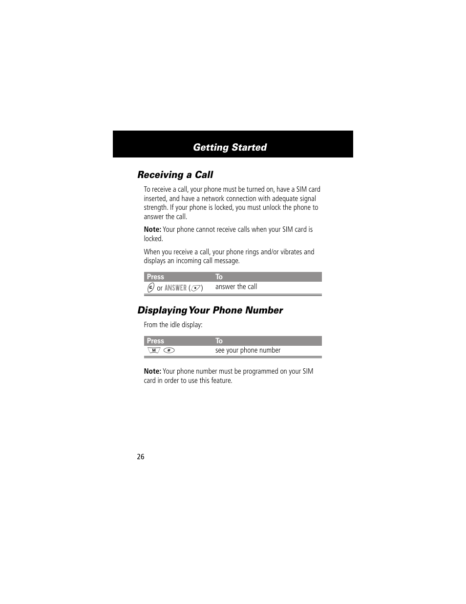 Receiving a call, Displaying your phone number, Receiving a call displaying your phone number | Getting started | Motorola 280 User Manual | Page 28 / 222