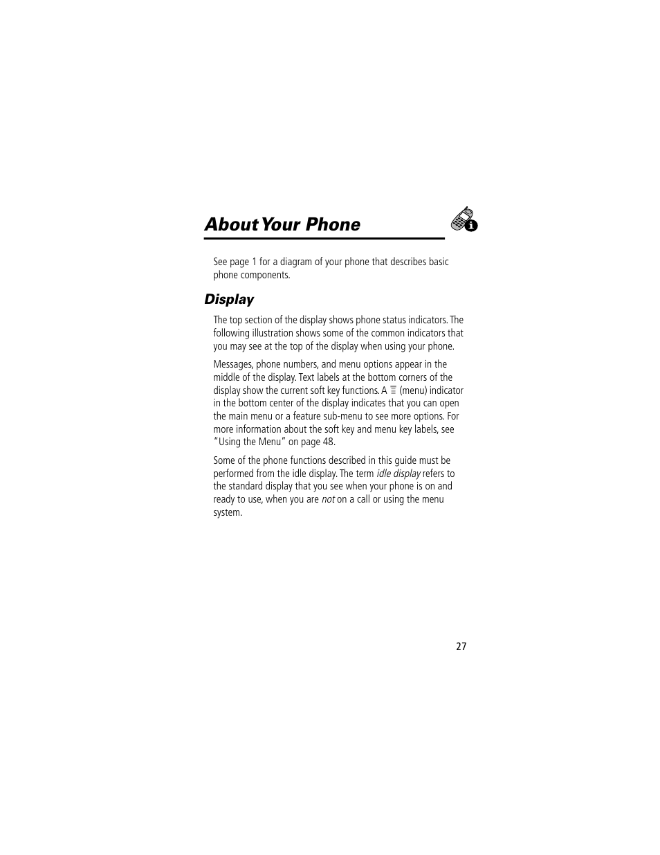 About your phone, Display | Motorola 280 User Manual | Page 29 / 222