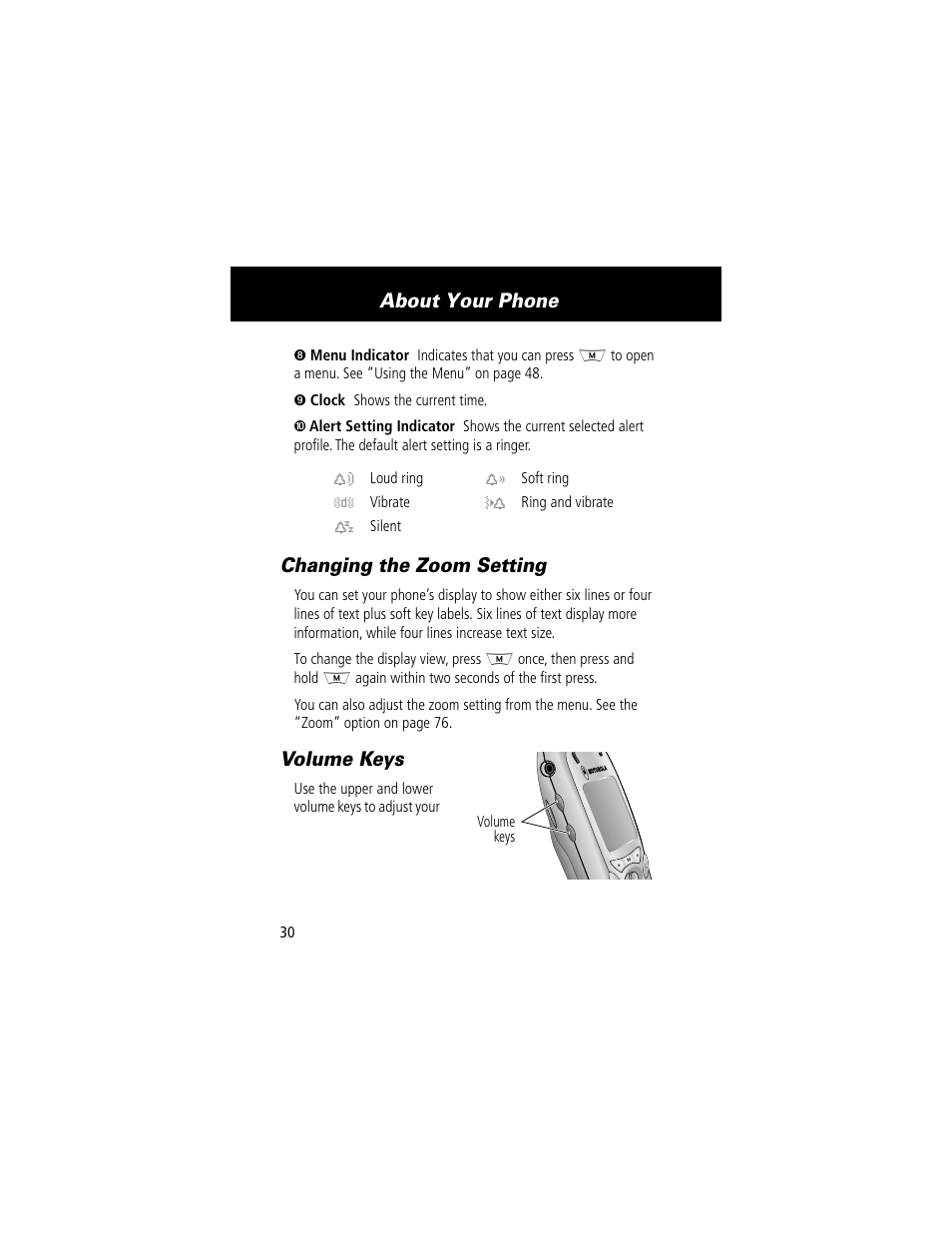 Changing the zoom setting, Volume keys, Changing the zoom setting volume keys | About your phone | Motorola 280 User Manual | Page 32 / 222