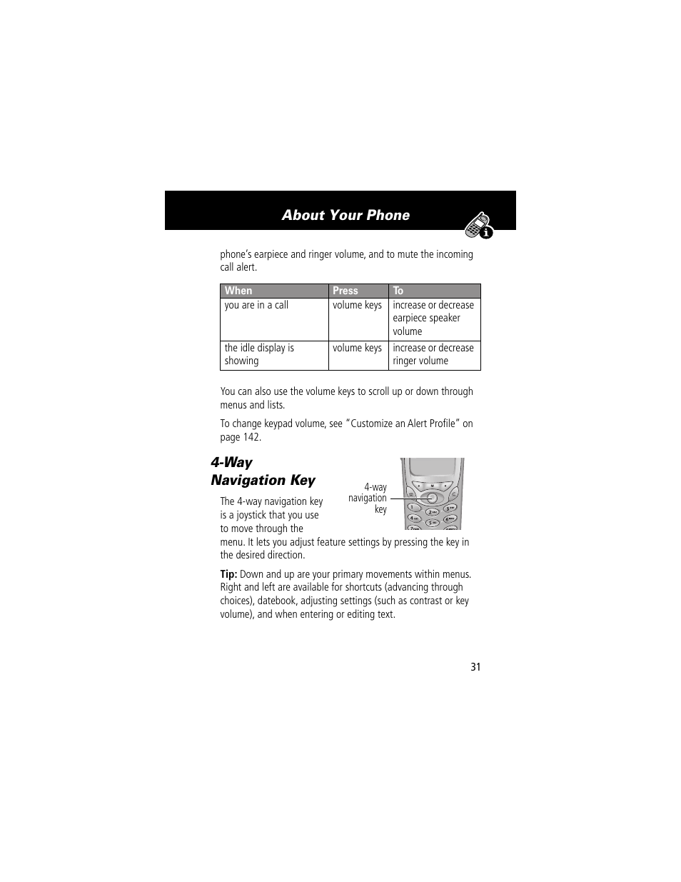 4way navigation key, Way navigation key, About your phone | Motorola 280 User Manual | Page 33 / 222