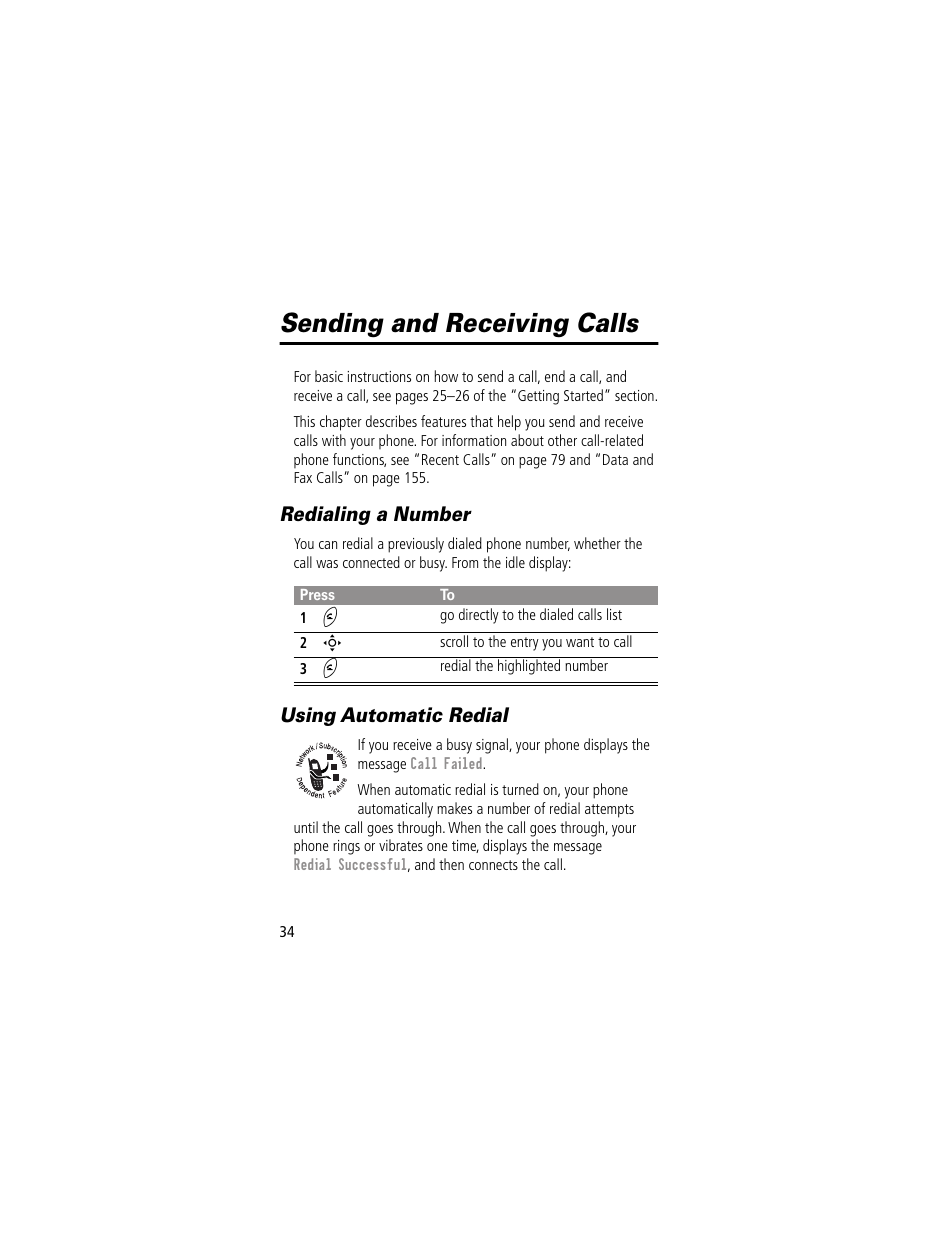 Sending and receiving calls, Redialing a number, Using automatic redial | Redialing a number using automatic redial | Motorola 280 User Manual | Page 36 / 222