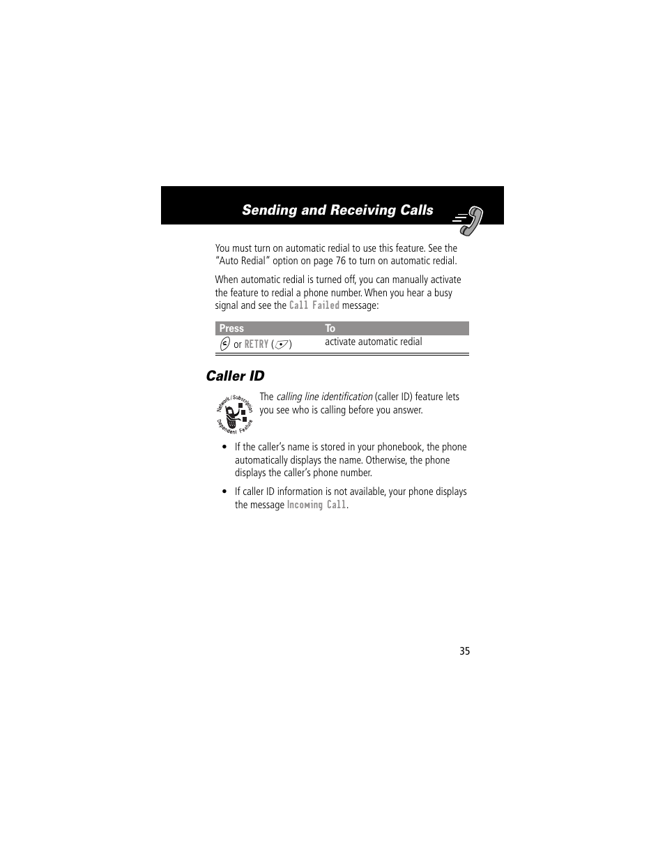 Caller id, Sending and receiving calls | Motorola 280 User Manual | Page 37 / 222