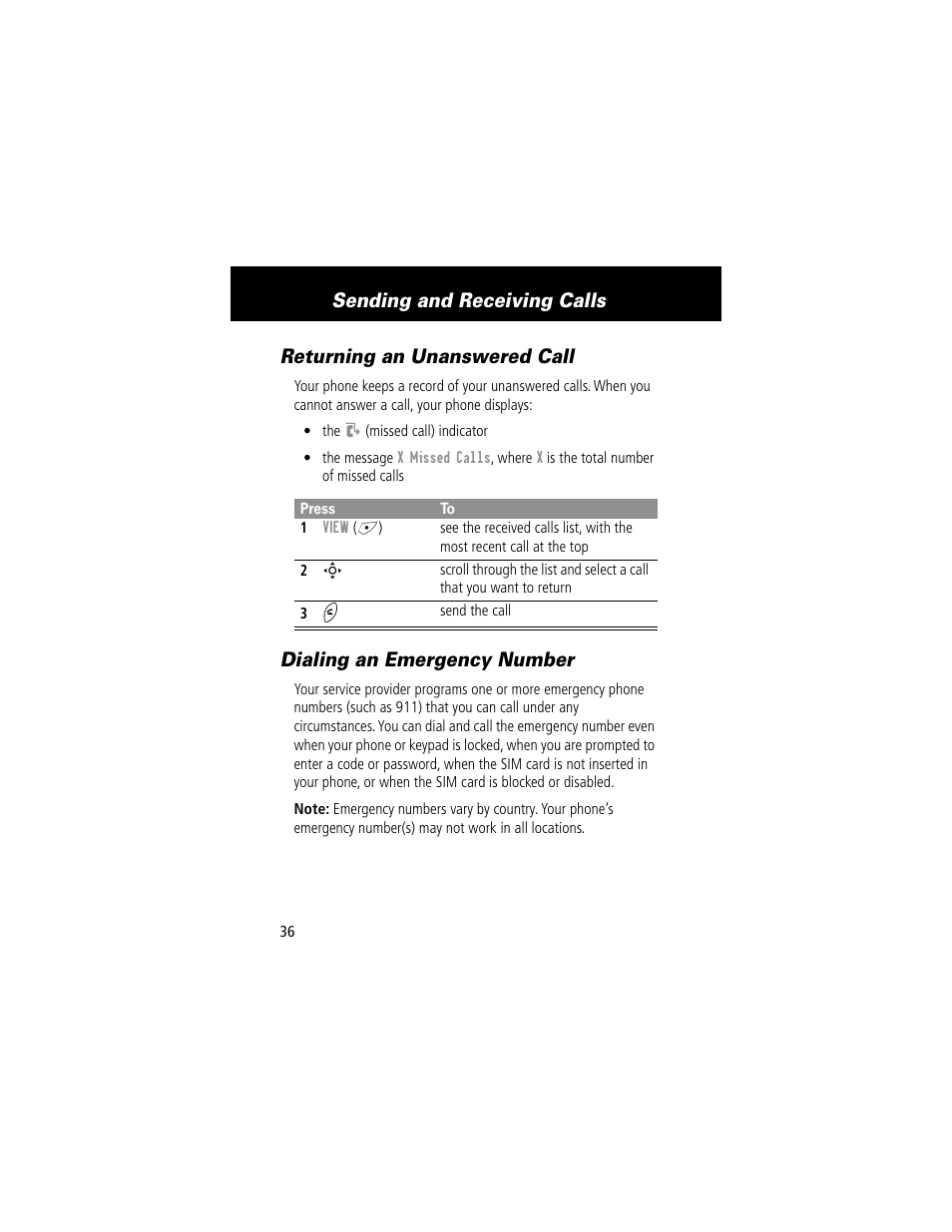 Returning an unanswered call, Dialing an emergency number, Sending and receiving calls | Motorola 280 User Manual | Page 38 / 222