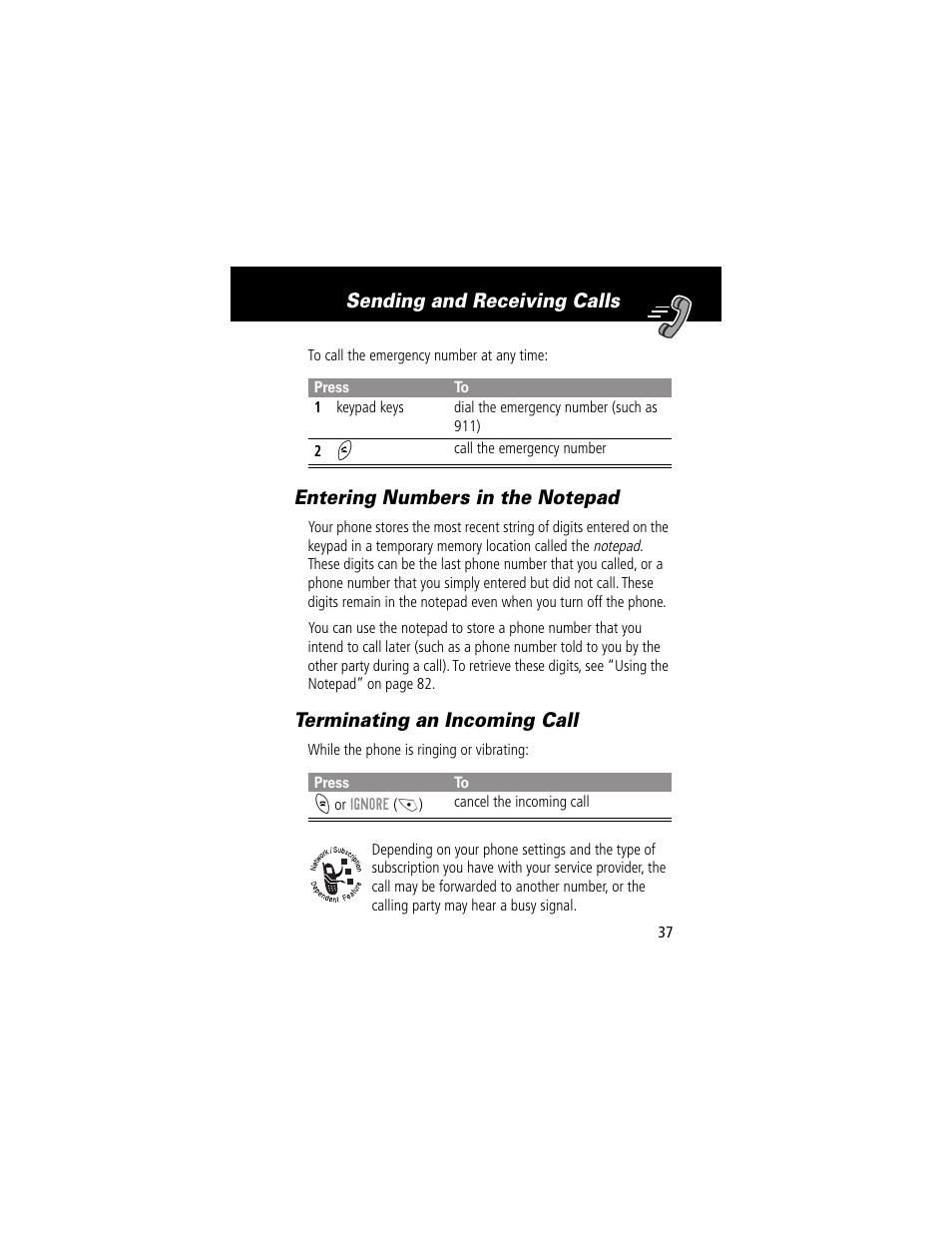 Entering numbers in the notepad, Terminating an incoming call, Dialing a phonebook entry | Sending and receiving calls | Motorola 280 User Manual | Page 39 / 222