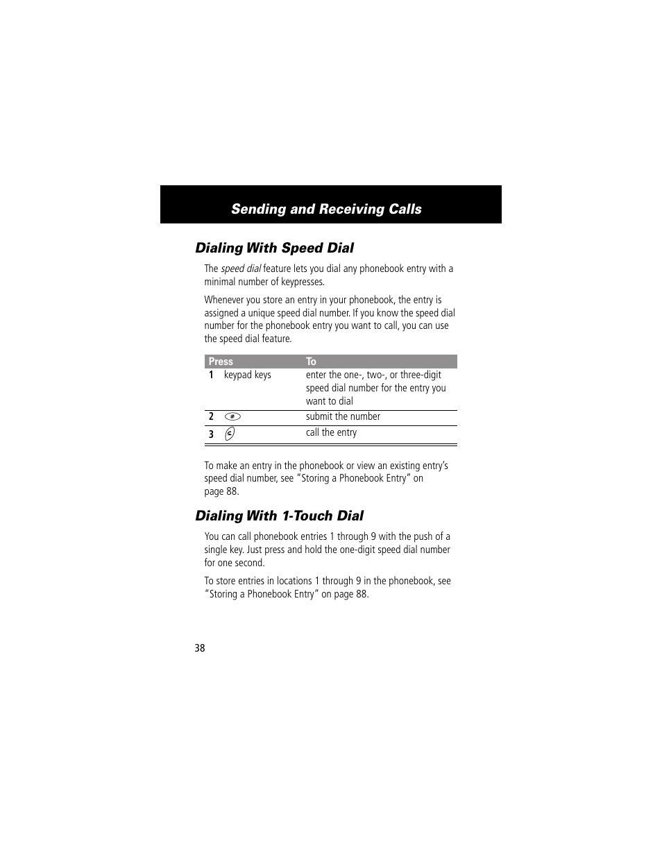 Dialing with speed dial, Dialing with 1touch dial, Dialing with speed dial dialing with 1-touch dial | Sending and receiving calls, Dialing with 1-touch dial | Motorola 280 User Manual | Page 40 / 222