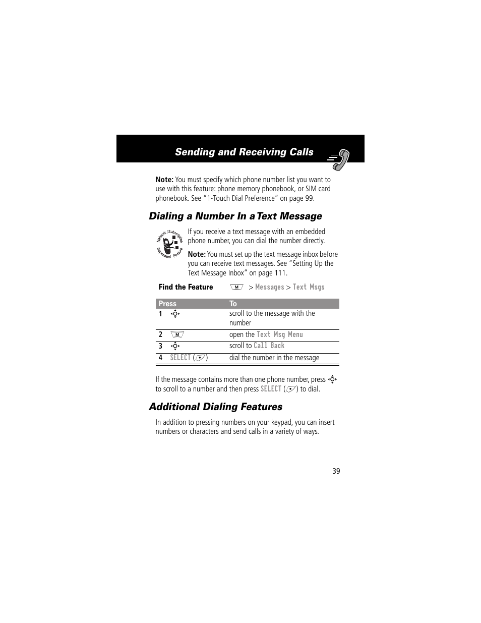 Dialing a number in a text message, Additional dialing features, Sending and receiving calls | Motorola 280 User Manual | Page 41 / 222