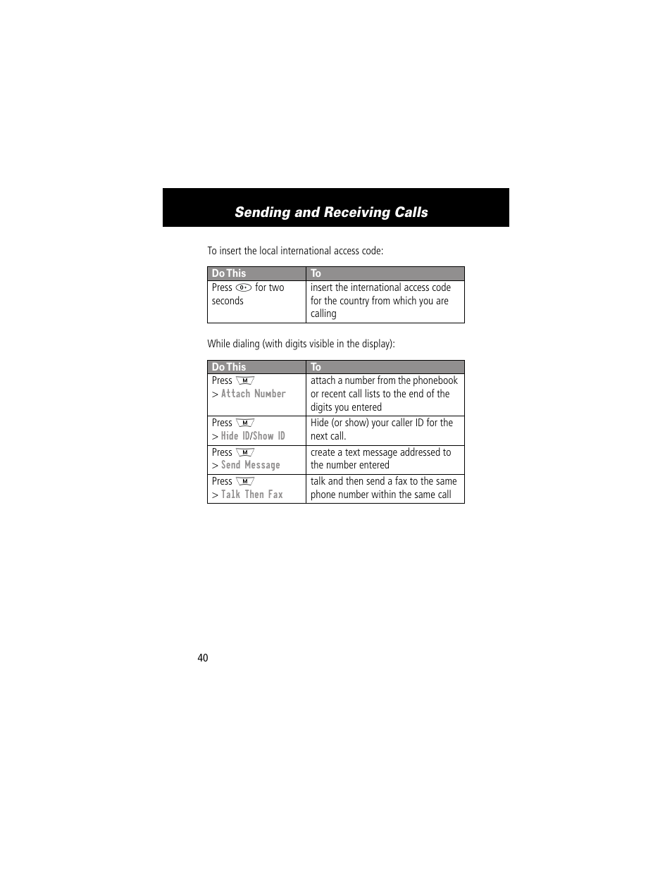 Sending and receiving calls | Motorola 280 User Manual | Page 42 / 222