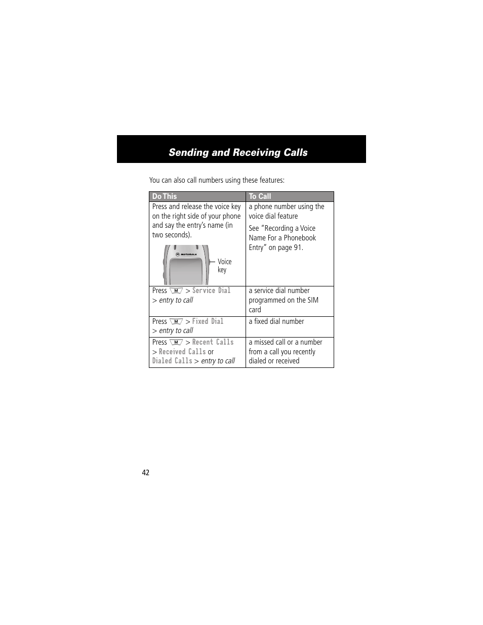 Sending and receiving calls | Motorola 280 User Manual | Page 44 / 222