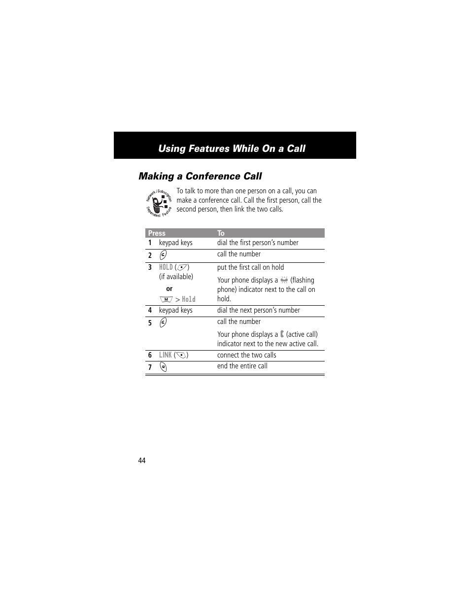 Making a conference call, Using features while on a call | Motorola 280 User Manual | Page 46 / 222