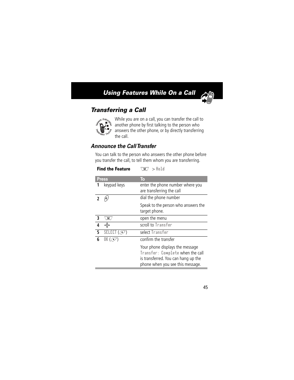 Transferring a call, Using features while on a call transferring a call | Motorola 280 User Manual | Page 47 / 222