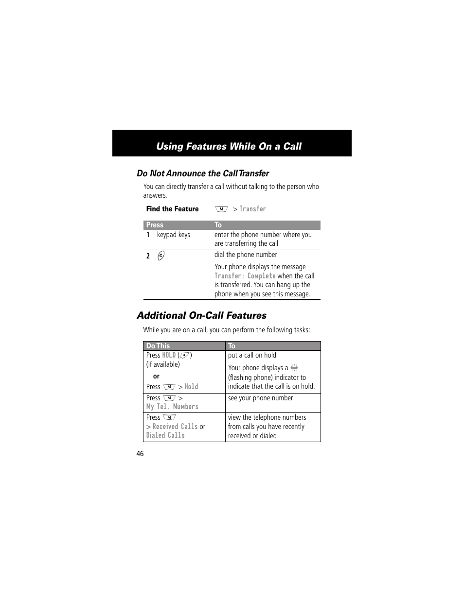 Additional oncall features, Additional on-call features, Using features while on a call | Motorola 280 User Manual | Page 48 / 222