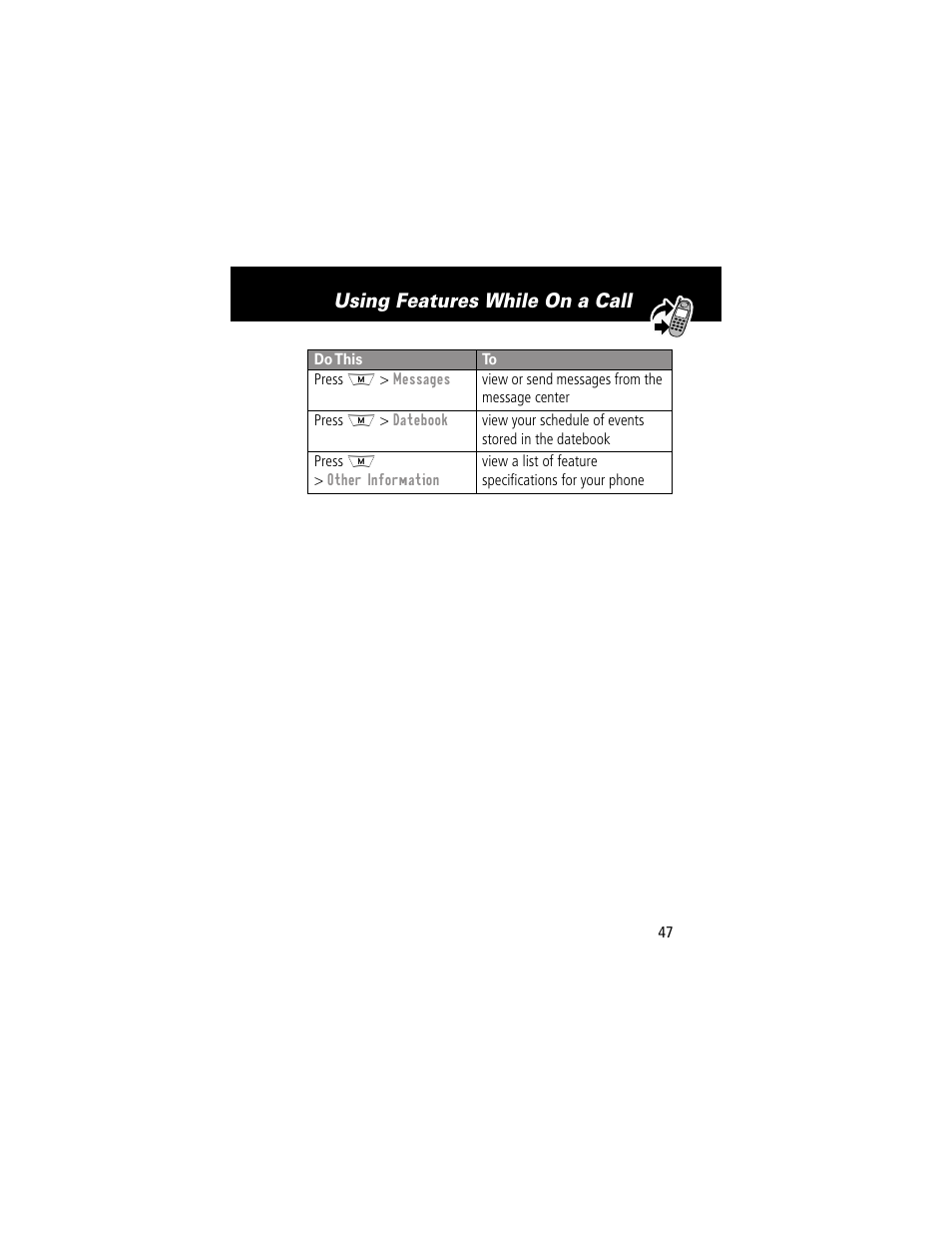 Using features while on a call | Motorola 280 User Manual | Page 49 / 222