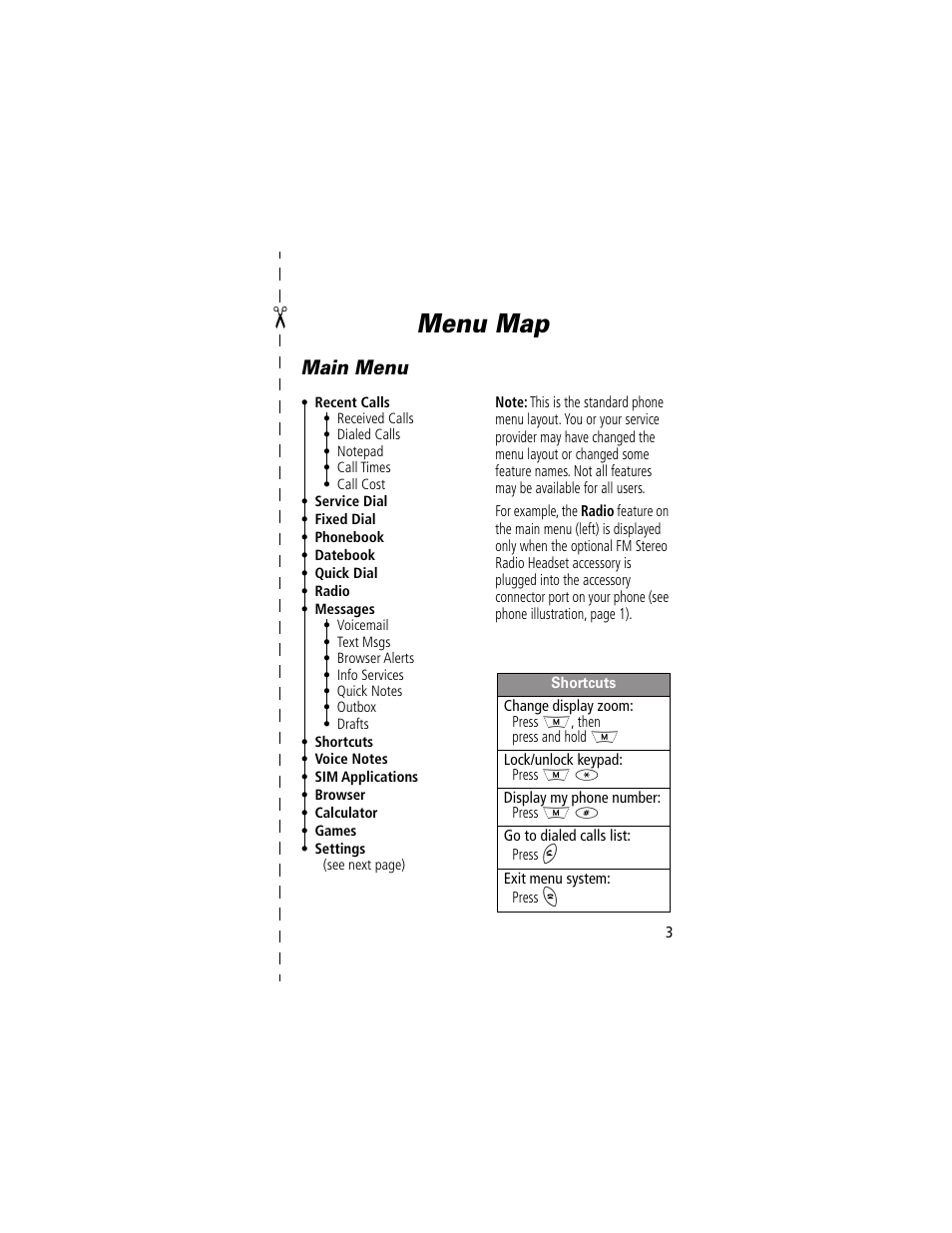 Menu map, Main menu | Motorola 280 User Manual | Page 5 / 222