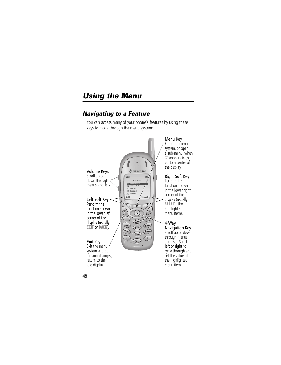 Using the menu, Navigating to a feature | Motorola 280 User Manual | Page 50 / 222