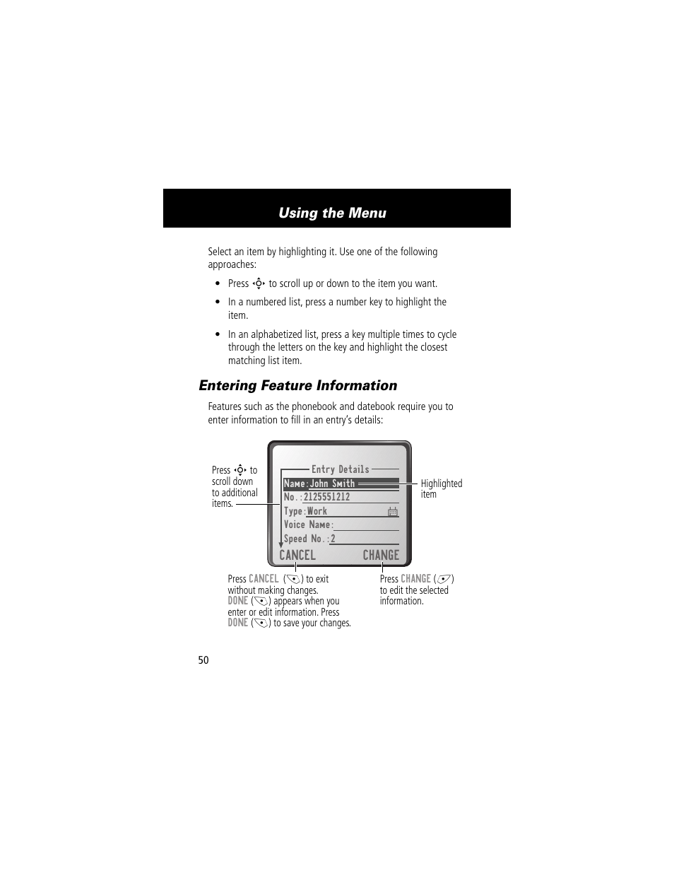 Entering feature information, Using the menu | Motorola 280 User Manual | Page 52 / 222