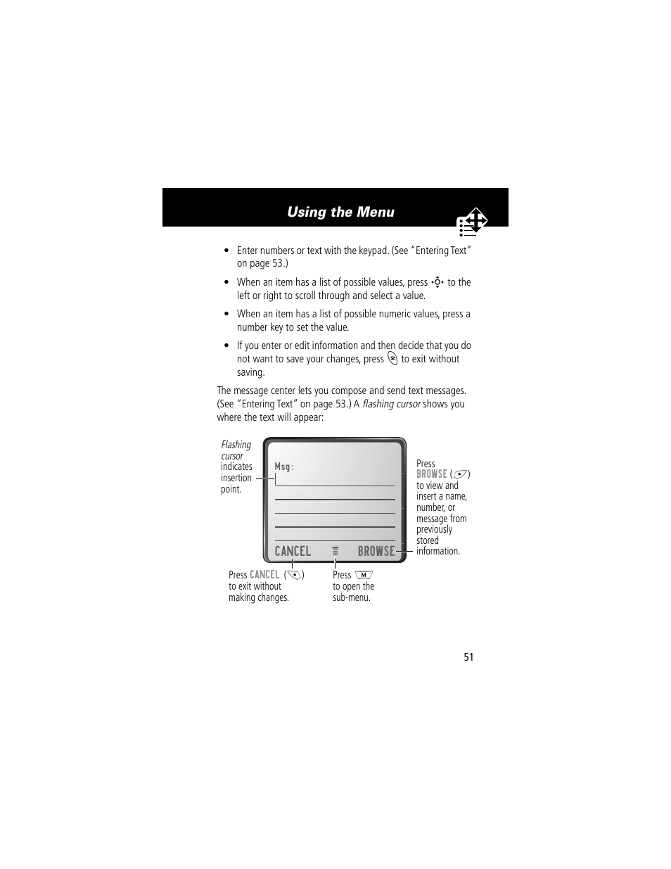 Using the menu | Motorola 280 User Manual | Page 53 / 222