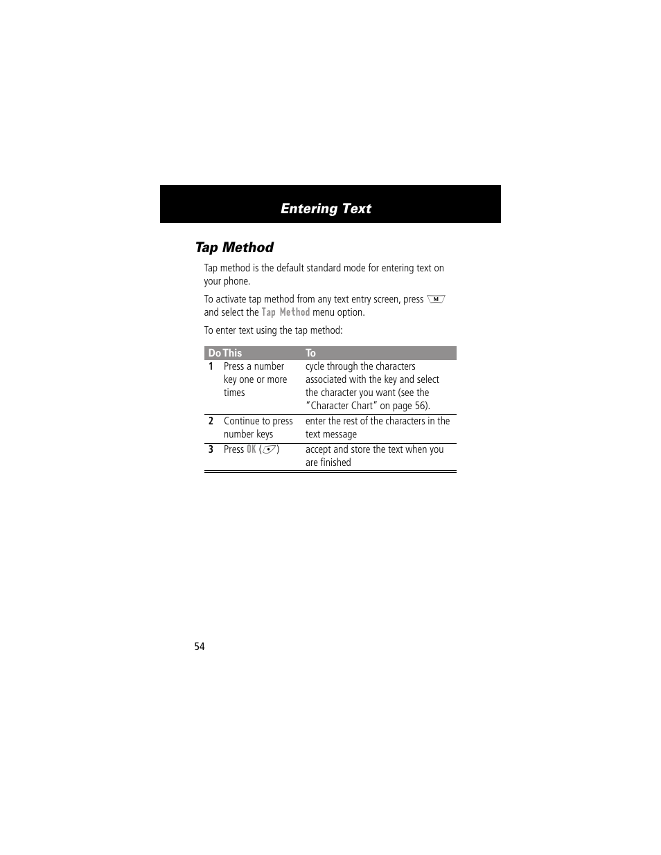 Tap method, Entering text | Motorola 280 User Manual | Page 56 / 222