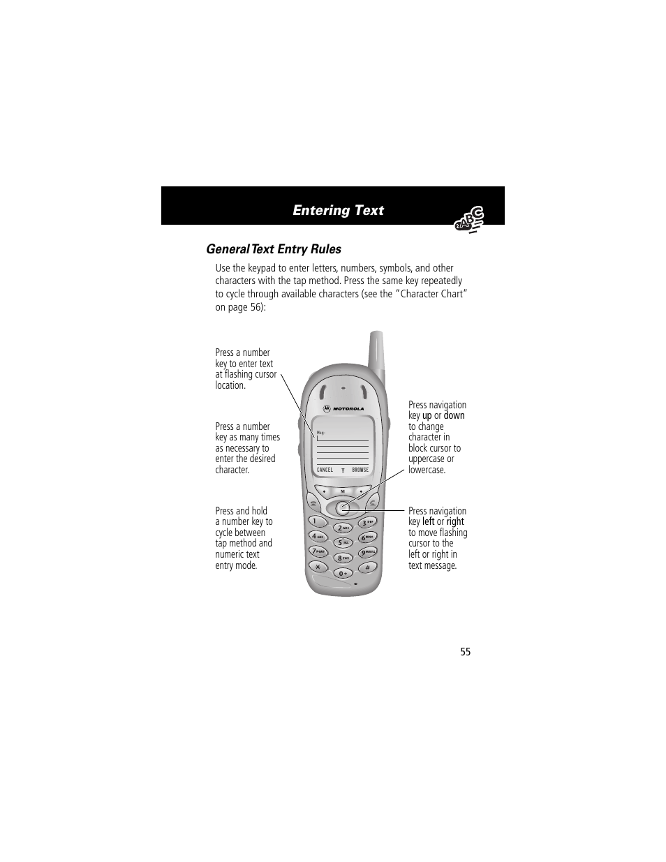 Entering text, General text entry rules | Motorola 280 User Manual | Page 57 / 222