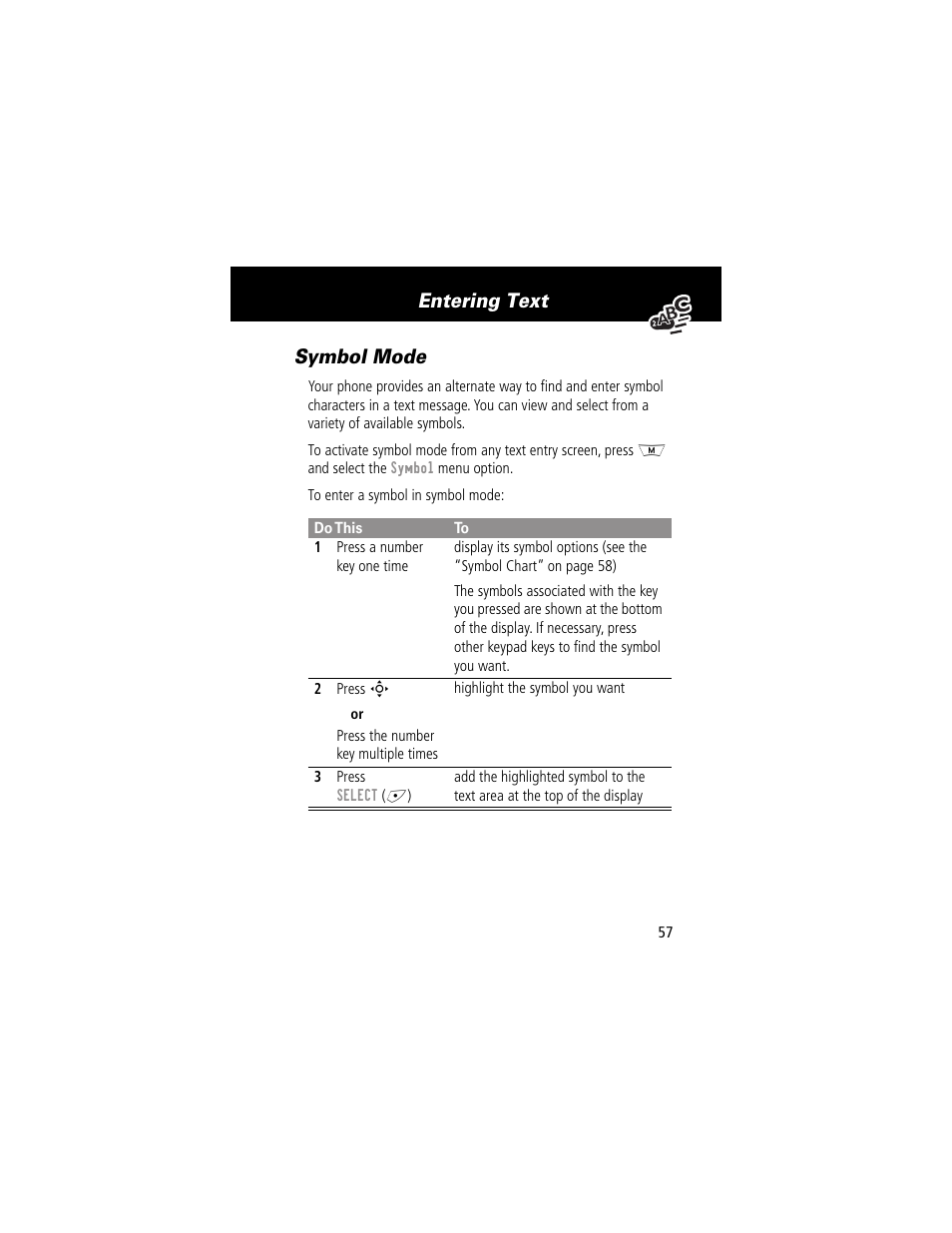 Symbol mode, Entering text symbol mode | Motorola 280 User Manual | Page 59 / 222