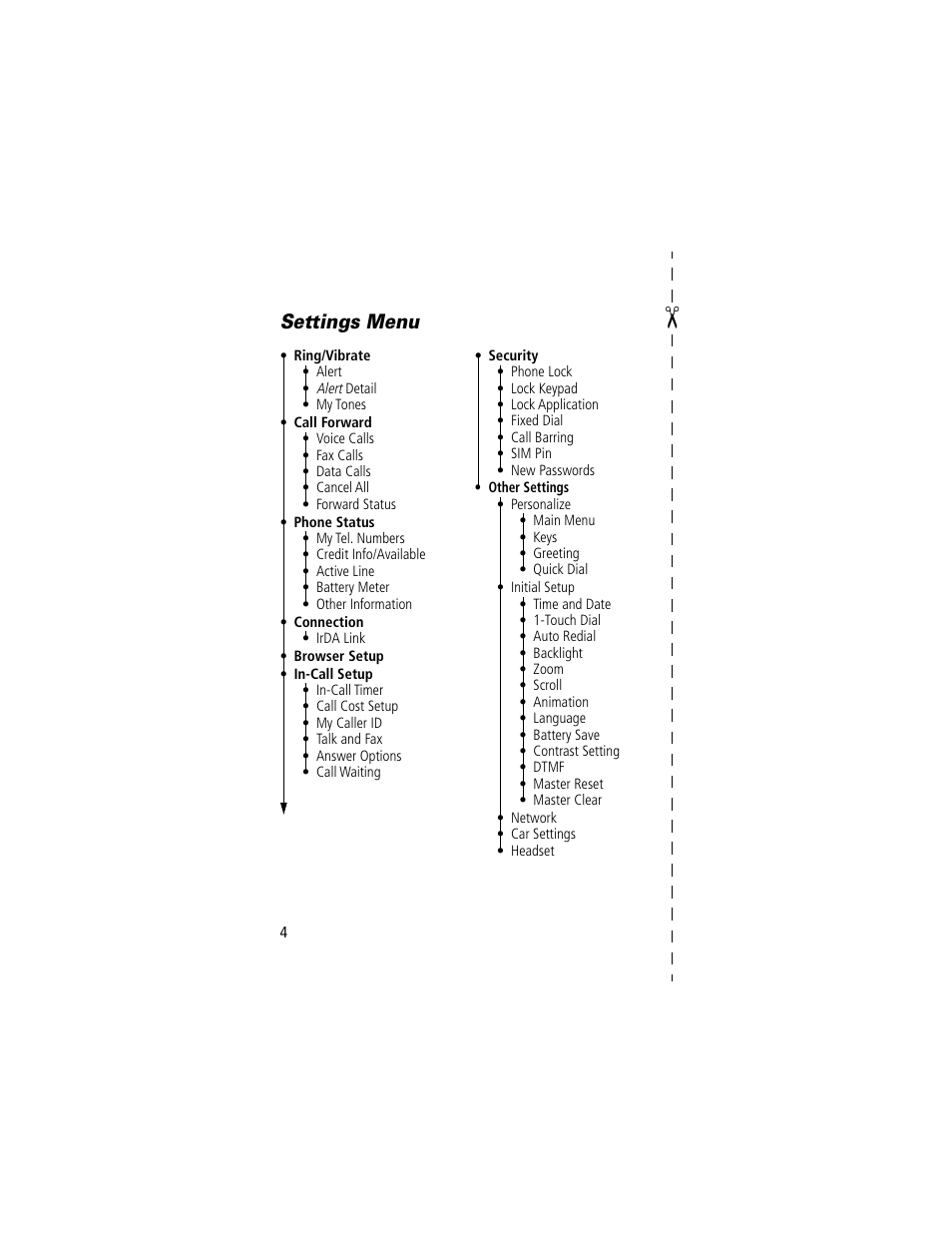 Settings menu | Motorola 280 User Manual | Page 6 / 222