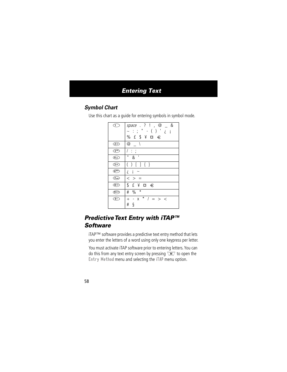 Predictive text entry with itap™ software, Entering text | Motorola 280 User Manual | Page 60 / 222