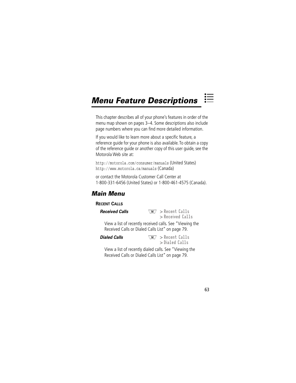 Menu feature descriptions, Main menu | Motorola 280 User Manual | Page 65 / 222