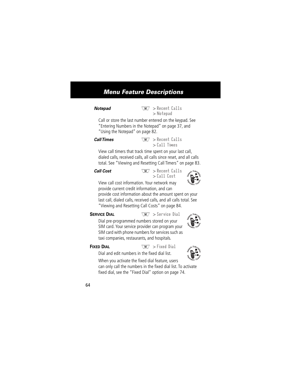 Menu feature descriptions | Motorola 280 User Manual | Page 66 / 222