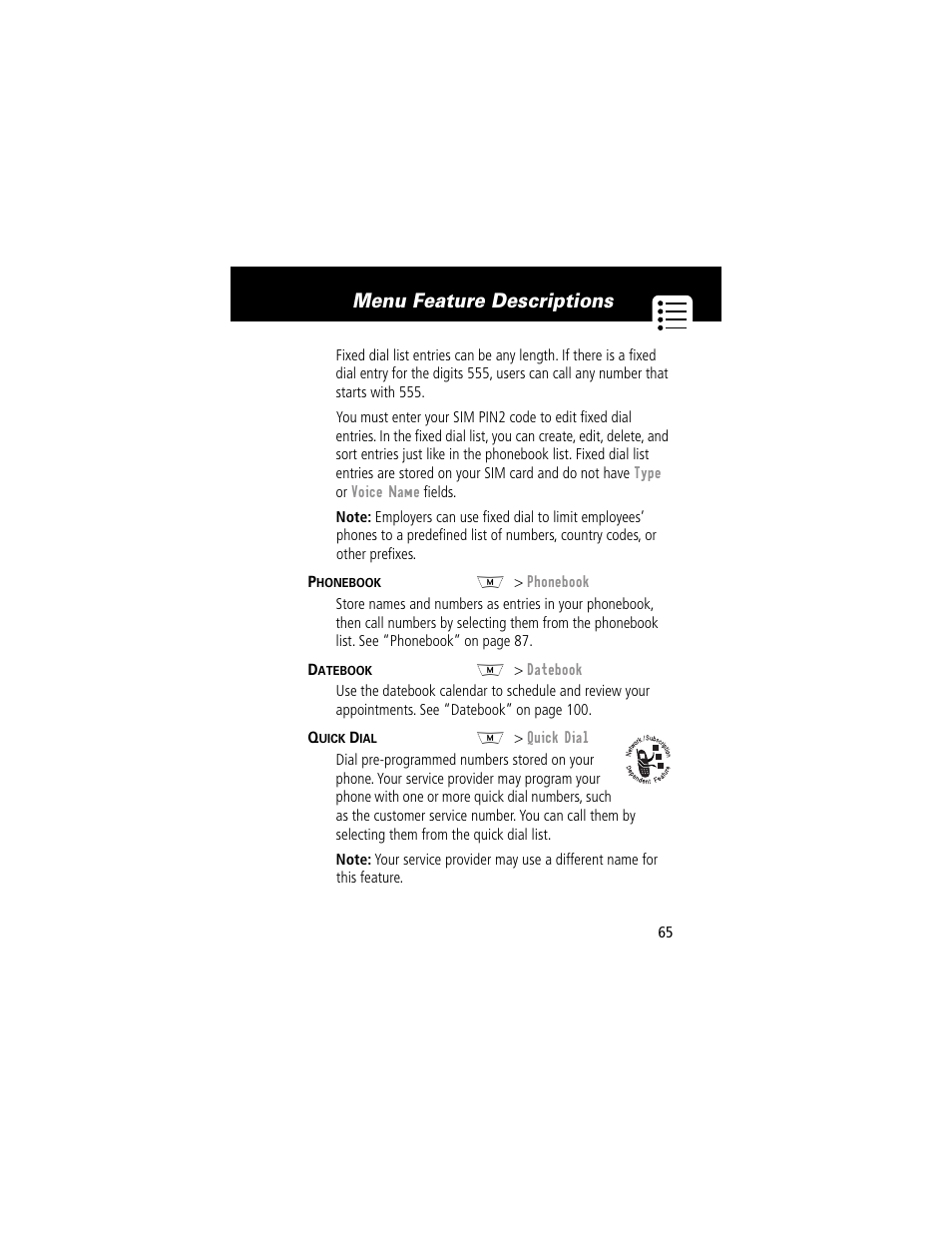 Menu feature descriptions | Motorola 280 User Manual | Page 67 / 222