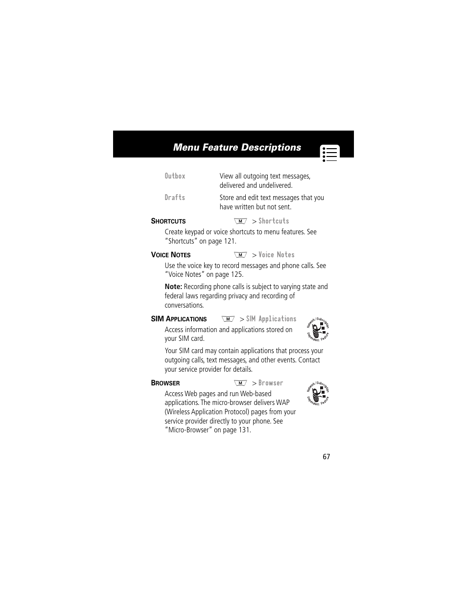 Menu feature descriptions | Motorola 280 User Manual | Page 69 / 222