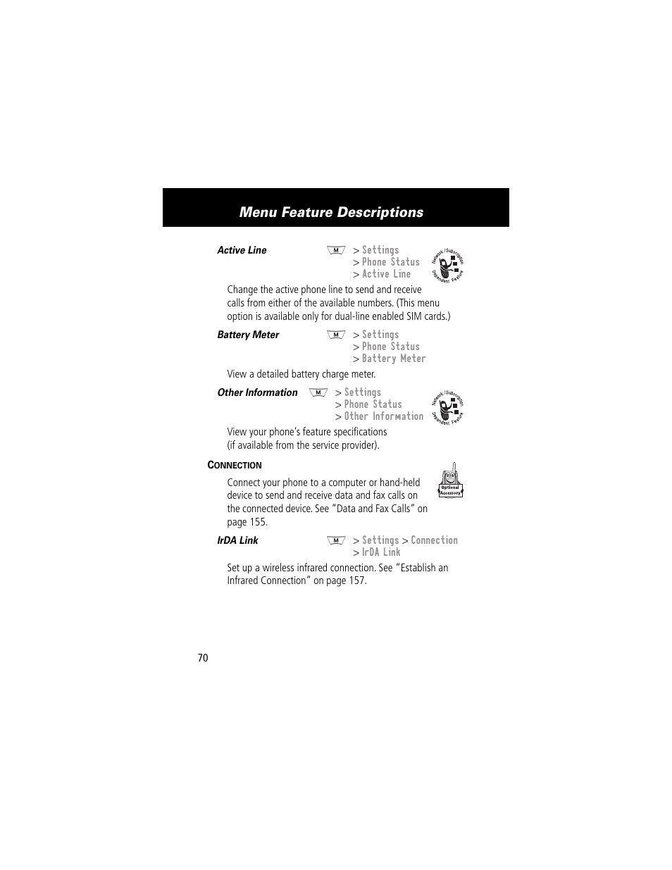 Menu feature descriptions | Motorola 280 User Manual | Page 72 / 222