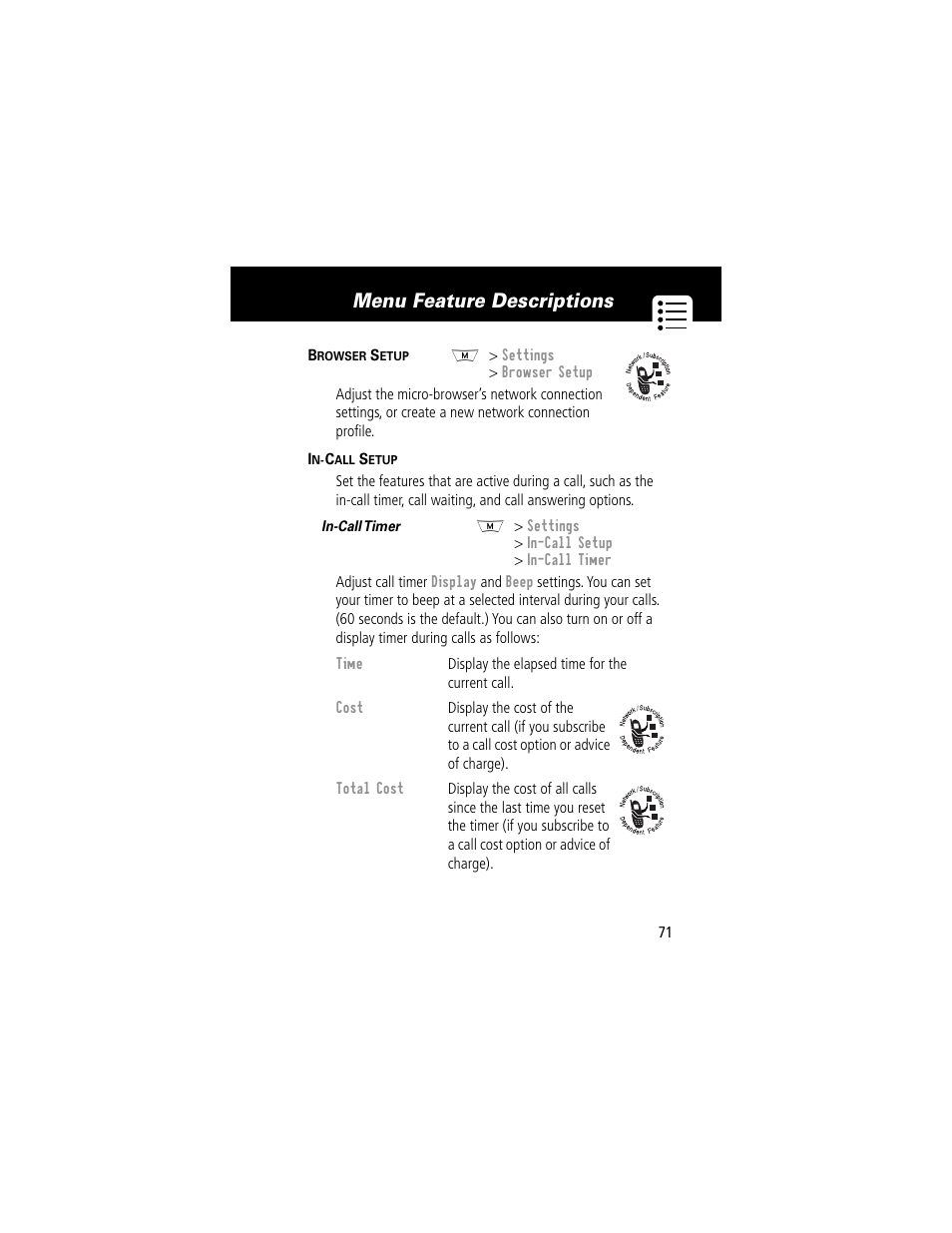 Menu feature descriptions | Motorola 280 User Manual | Page 73 / 222