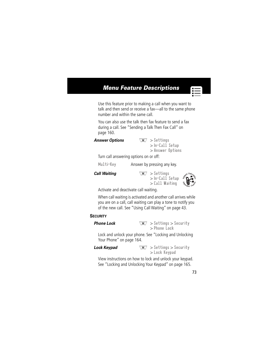 Menu feature descriptions | Motorola 280 User Manual | Page 75 / 222