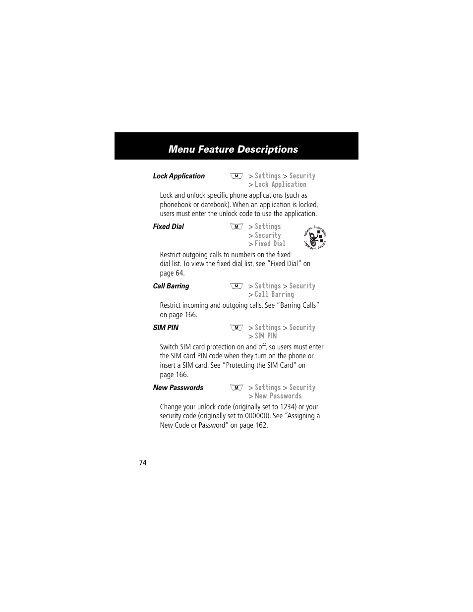 Menu feature descriptions | Motorola 280 User Manual | Page 76 / 222