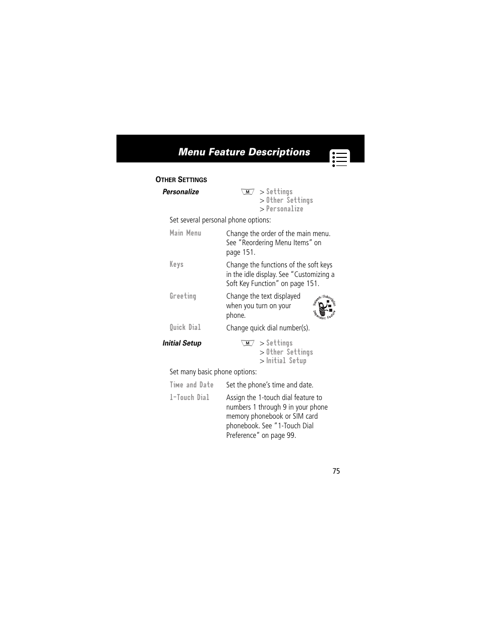 Menu feature descriptions | Motorola 280 User Manual | Page 77 / 222