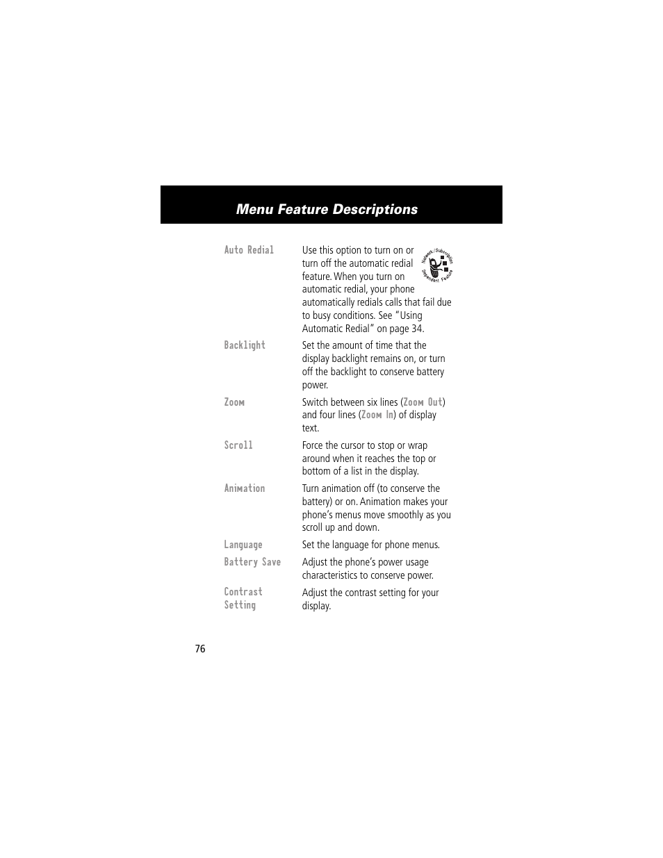 Menu feature descriptions | Motorola 280 User Manual | Page 78 / 222