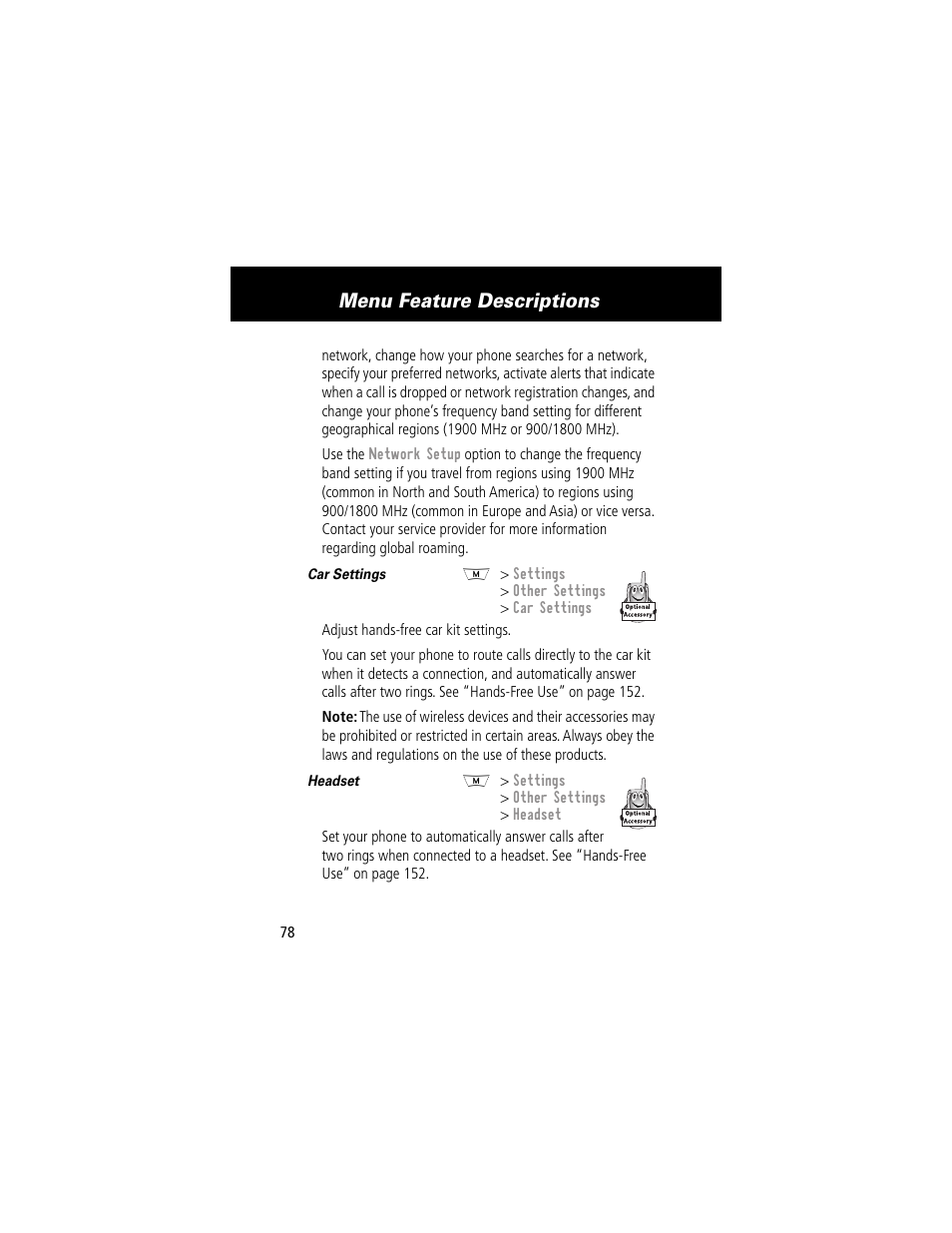 Menu feature descriptions | Motorola 280 User Manual | Page 80 / 222